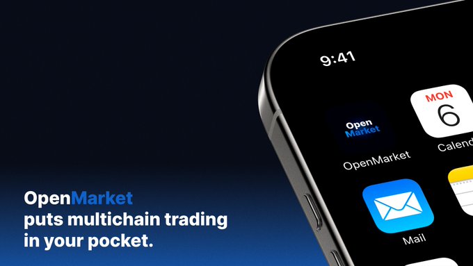 A promotional banner for 'OpenMarket' displaying a smartphone with the OpenMarket app icon on its screen, accompanied by the tagline 'OpenMarket puts multichain trading in your pocket.'