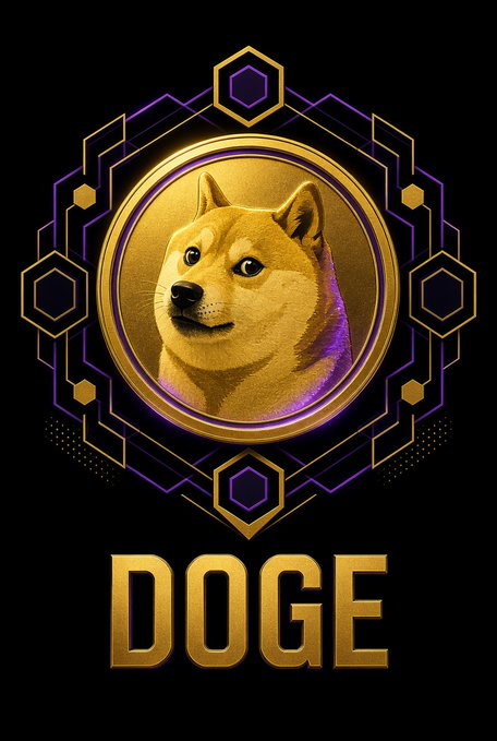 A golden coin featuring the Doge (Shiba Inu) meme dog is displayed with the word 'DOGE' written in gold lettering below it, surrounded by purple geometric patterns.