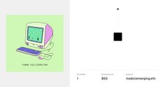 A digital graphic showing a vintage pink computer monitor with the text 'THINK YOU FOR 1 YEAR' on a green background, alongside a small black square and the website 'meebornongjin' with pricing '1' and '800'.
