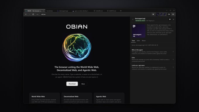 Screenshot of the OB1AN browser website, described as 'The browser uniting the World Wide Web, Decentralized Web, and Agentic Web,' with a neon globe logo and a 'Download' button visible.