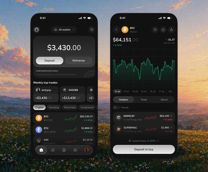 Mockup of two smartphone screens displaying a crypto wallet and trading app interface with Bitcoin at $64,151.00, ETH at $1,866.00, and other tokens.