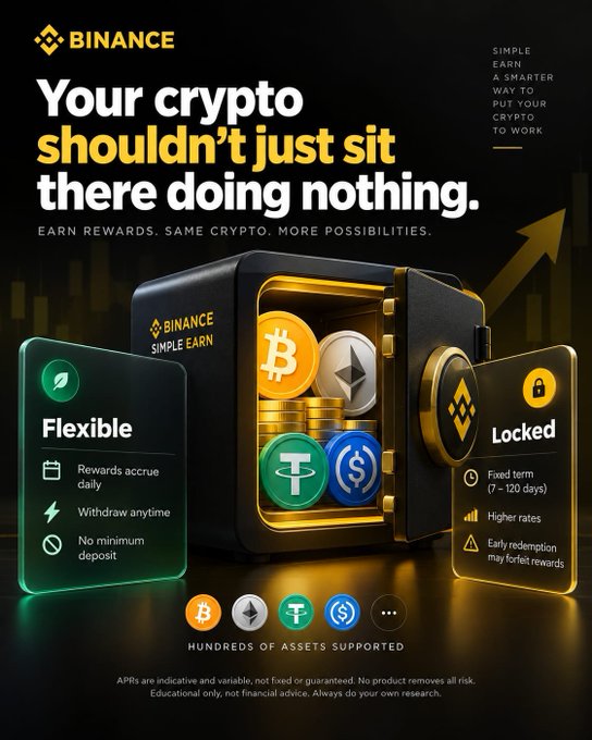 A Binance advertisement reads 'Your crypto shouldn't just sit there doing nothing' and features 'Simple Earn' with 'Flexible' and 'Locked' options, highlighting 'Hundreds of assets supported.'