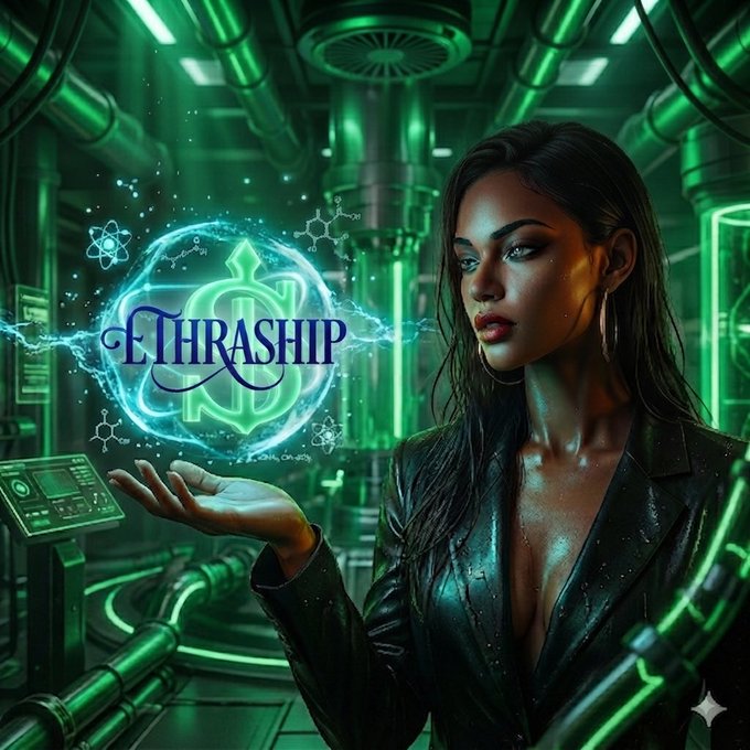 A digital art piece showing a woman with long dark hair in a black leather jacket, holding out her hand as a glowing blue and green orb labeled 'THRASHIP' hovers above her palm, set against a sci-fi green-lit industrial background.