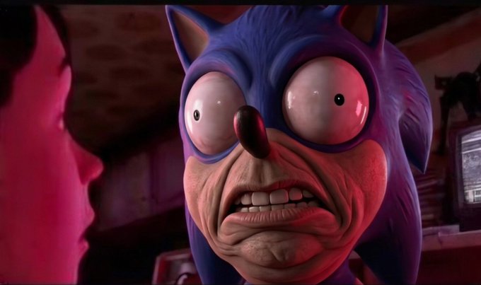 A 3D render of a grotesque, wide-eyed, creepy version of Sonic the Hedgehog with unsettling human-like teeth and wrinkled skin, facing another character.