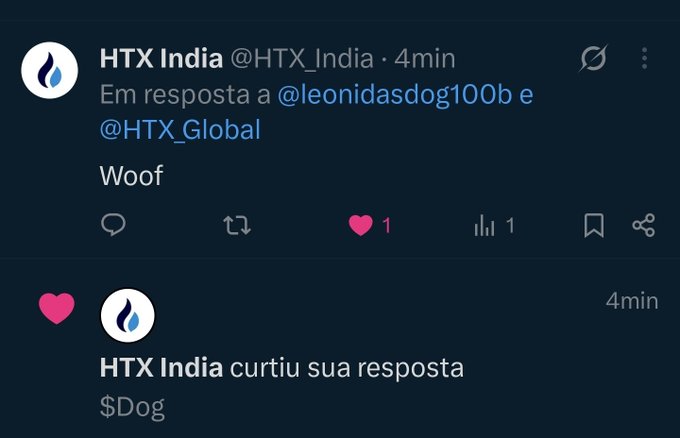 The image shows an X (Twitter) post by **HTX India** (@HTX_India) replying to @leonidasdog100b and @HTX_Global with just the word "Woof," which received 1 like and 1 view. Below it, a notification confirms that **HTX India liked the user's response** with the ticker **$DOG**, illustrating the engagement the user referenced in their caption about sharing content until $DOG lists on HTX Global.