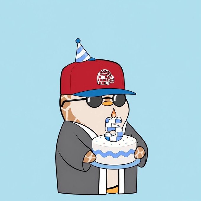 A cartoon illustration of a character wearing a red cap, sunglasses, and gray jacket, holding a birthday cake with a lit candle shaped like the number 5.