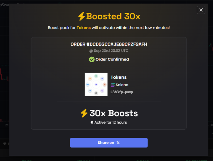 A digital interface displays a 'Boosted 30x' order confirmation for a Solana token named 'Tokens' (C3b3fp...pump), showing the order #DCD5GCCAJE68CRZESAFH from Sep 23rd 20:02 UTC, with the boost active for 12 hours.