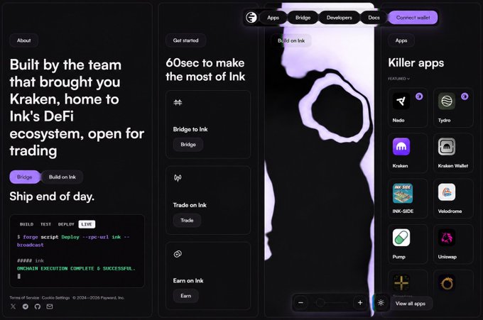 A website screenshot for Ink's DeFi ecosystem featuring sections 'Built by the team that brought you Kraken', '60sec to make the most of Ink', and 'Killer apps' including Nado, Tyrder, Kraken, Kraken Wallet, INK-SIDE, ValdioHome, Pump, and Uniswap.