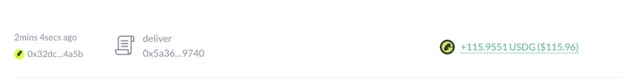 A screenshot of a cryptocurrency transaction showing '2mins 4secs ago', sender '0x32dc...4a5b', receiver '0x5a36...9740', and a green confirmation of '+115.9551 USDG ($115.96)'.