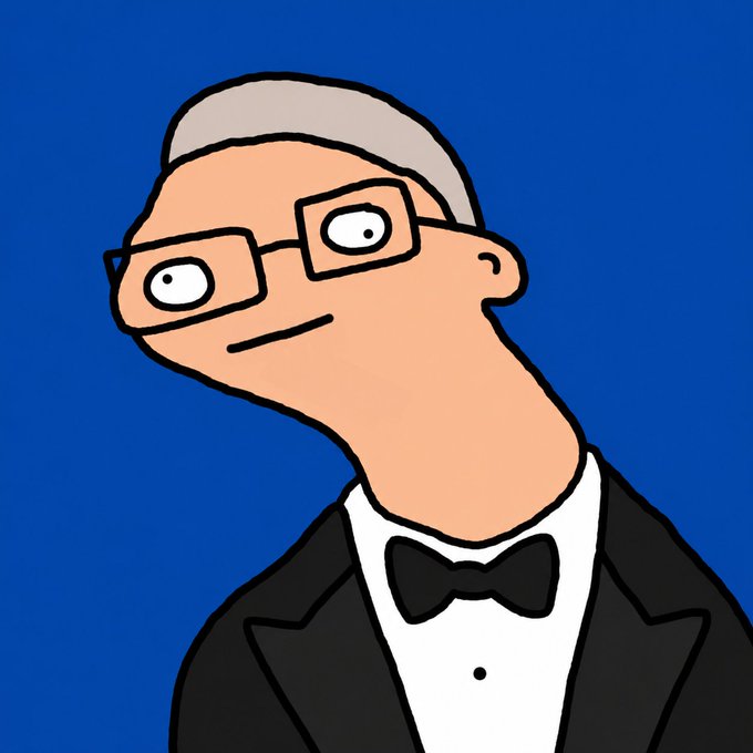 Cartoon illustration of a man with glasses, gray hair, and a black tuxedo against a blue background.