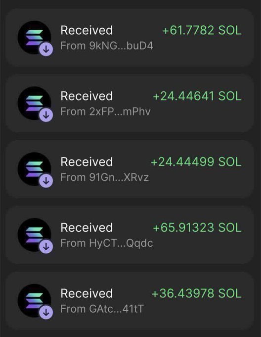 A list of five received Solana transactions showing incoming SOL amounts (+61.7782, +24.44641, +24.44499, +65.91323, and +36.43978 SOL) from various senders with truncated wallet addresses (9kNG...buD4, 2xFP...mMhv, 9lGn...XRvz, HyCT...Qqdc, and GAtc...41tT). The image serves as supposed "proof" of an airdrop from @coldtrz, aligning with the post's claim that users who drop their $SOL address and like/retweet will receive a free SOL airdrop within 24 hours.