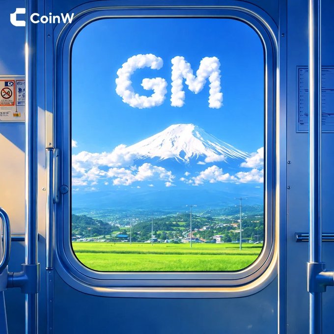 A view from a train window showing Mount Fuji under a blue sky with clouds forming the letters 'GM', with a 'CoinW' logo in the top left corner.