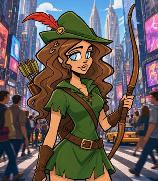 A cartoon illustration of a female Robin Hood-style archer with brown hair and a feathered hat, holding a bow and quiver of arrows in a bustling city setting.