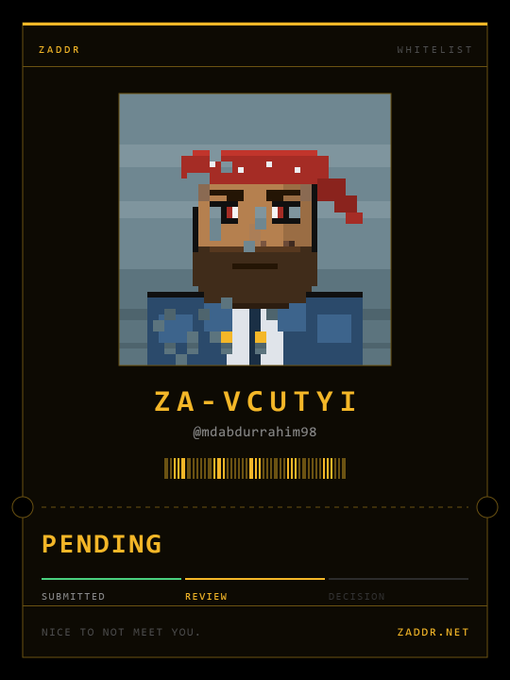 A ZADDR whitelist application page showing a pixel art avatar for user 'ZA-VCUTYI' (@mdabdurrahim98) with a 'PENDING' status in the review stage.