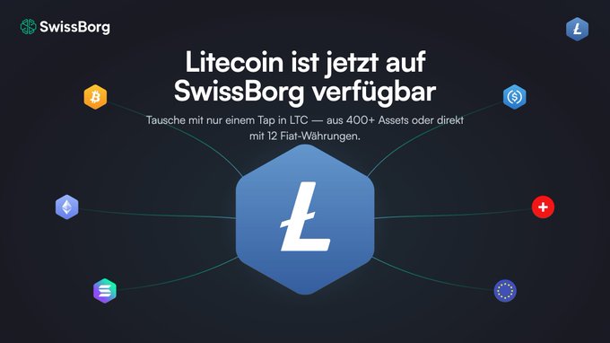 A SwissBorg promotional graphic announcing 'Litecoin ist jetzt auf SwissBorg verfügbar' (Litecoin is now available on SwissBorg), featuring the Litecoin 'L' logo connected to various cryptocurrency icons, with text stating 'Tausche mit nur einem Tap in LTC — aus 400+ Assets oder direkt mit 12 Fiat-Währungen.'