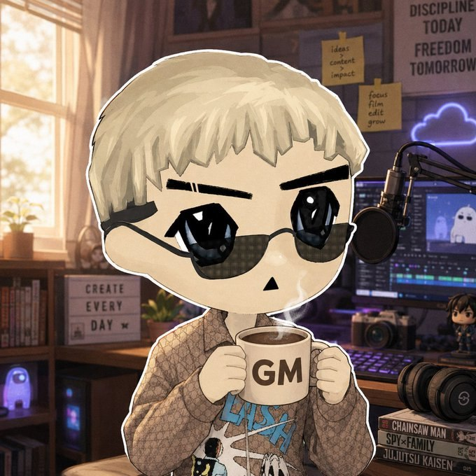 An anime-style chibi character with blonde hair and sunglasses holding a 'GM' coffee mug in a creator's room featuring a 'DISCIPLINE TODAY FREEDOM TOMORROW' poster, 'CREATE EVERY DAY' sign, and anime DVDs including 'CHAINSAW MAN', 'SPY x FAMILY', and 'JUJUTSU KAISEN'.