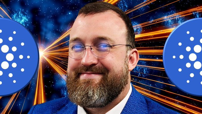 The image shows Charles Hoskinson, founder of Cardano ($ADA), smiling and wearing glasses, with the blue Cardano logo featured prominently on both sides against a dynamic cosmic background. The imagery aligns with the post about his statement regarding Cardano's executive function bringing unity to the project.