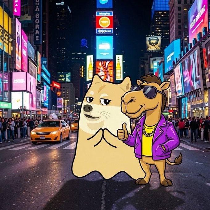 The image features two cartoon characters, one of which is a dog wearing sunglasses and a purple jacket with a gold chain around its neck. The other character is a camel dressed in a purple jacket and sunglasses. They are standing next to each other on a city street at night, surrounded by neon lights from various buildings. In the background, there's a car parked nearby, as well as several people walking along the sidewalk or standing near the buildings.