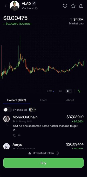 The image shows a cryptocurrency tracking page for the "$VLAD" token (named "Vladhood"), displaying a current price of $0.00475 with a notable 20.65% gain (+$0.000260) and a $4.7M market cap. The accompanying post relates to the image by joking about the token's continued growth, with the chart visibly trending upward alongside other users' large holdings (like MomoOnChain's $37,089.10 position) reinforcing the playful frustration at its rising value.