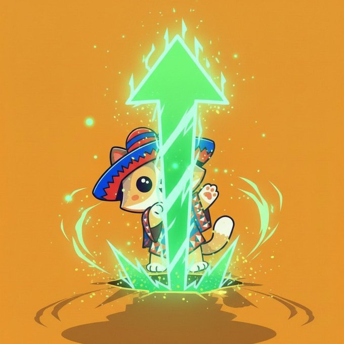 A cartoon cat character wearing a colorful sombrero and serape stands beneath a glowing green upward arrow on an orange background.