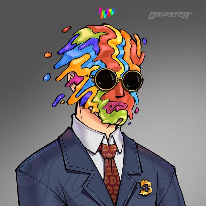 A colorful illustration from Dripster showing a man in a suit with Bitcoin tie pin wearing sunglasses, with his face melting into rainbow-colored paint drips.