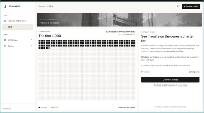 A screenshot of the StandardReserve.xyz mint page showing "The first 1,000" Genesis Charter spots with only 125 currently allocated, featuring a "Coming soon" status and a "Connect wallet" button, which supports the post's message about limited whitelist availability and encourages users to contribute on X for a chance to secure one of the remaining spots.
