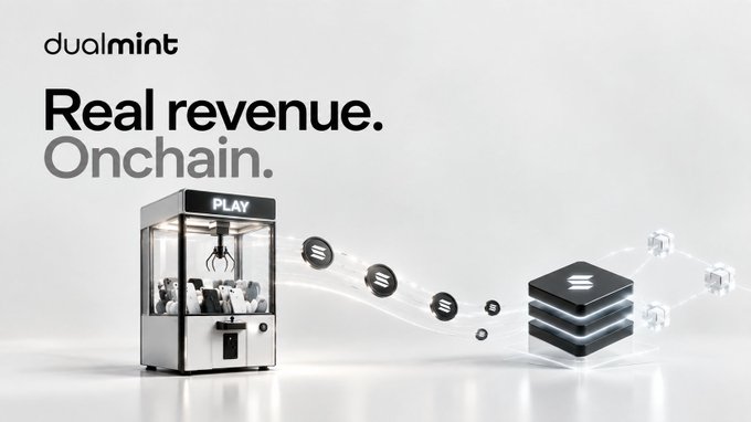 A promotional graphic for 'dualmint' features the text 'Real revenue. Onchain.' above an illustration of a claw machine labeled 'PLAY' alongside black cubes with the Solana logo connected by glowing lines.