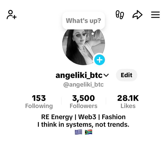 A TikTok profile page for user "angeliki_btc" (@angeliki_btc) with 153 Following, 3,500 Followers, and 28.1K Likes, with the bio reading "RE Energy | Web3 | Fashion - I think in systems, not trends."