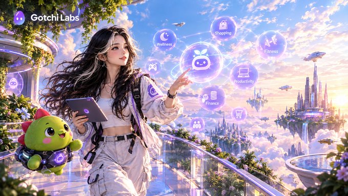 A young woman and a small green creature wearing headphones stand on a futuristic floating balcony with a tablet, surrounded by glowing circular icons labeled "Wellness," "Shopping," "Fitness," "Productivity," and "Finance," under the "Gotchi Labs" logo. The image illustrates the post's message by visually representing Gotchi Labs as an established ecosystem with real, diverse applications (like Sleepagotchi) actively in use, rather than just a concept.