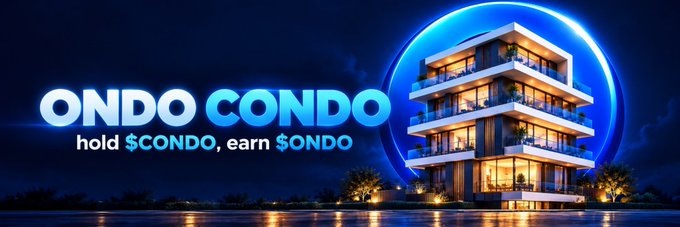 A promotional banner featuring a modern, illuminated condominium at night with glowing windows, displaying the slogan "ONDO CONDO – hold $CONDO, earn $ONDO" in bright blue text, serving as a banner image for the Solana token $CONDO on Moby.