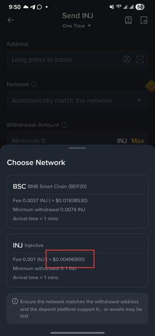 Mobile wallet interface showing a 'Send INJ' screen with network selection options for BSC and INjective, highlighting a fee of '0.001 INJ ≈ $0.00496900' in a red box.