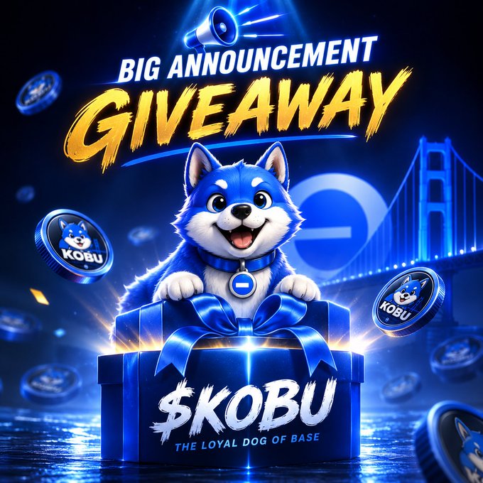 A promotional graphic featuring a blue Shiba Inu dog emerging from a gift box labeled '$KOBU - THE LOYAL DOG OF BASE', with 'BIG ANNOUNCEMENT GIVEAWAY' text and KOBU tokens floating around.