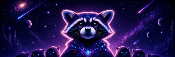 A glowing cosmic raccoon with an aura of galaxies and shooting stars gazes forward, surrounded by smaller shadowy feline figures, evoking the "Neoncoon" brand and its celestial-themed crypto community. The image's ethereal, otherworldly aesthetic mirrors the post's emphasis on a chill, anti-hype Solana memecoin vibe.