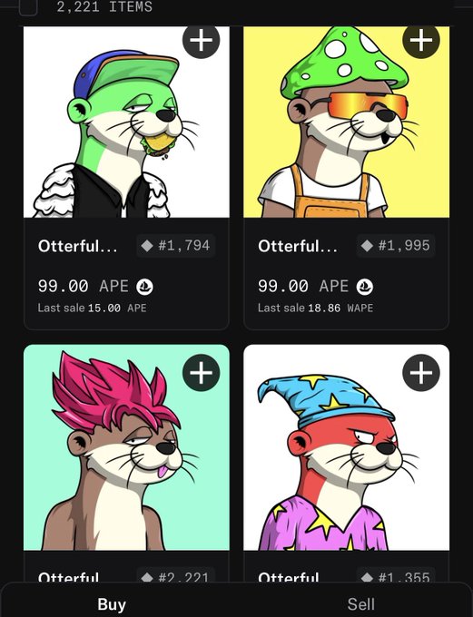 A mobile app marketplace screen displaying cartoon otter NFT characters for sale, with visible text including '2,221 ITEMS', 'Otterful...', '#1,794', '#1,995', '99.00 APE', and Buy/Sell buttons.