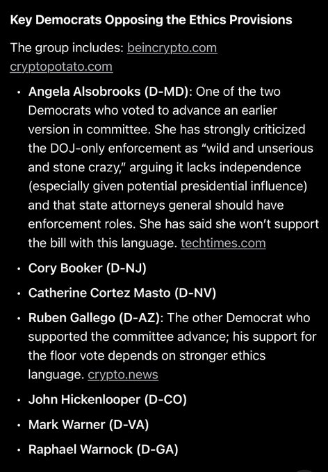 The image lists key Democrats opposing ethics provisions in the Clarity Act, including Senators Angela Alsobrooks, Cory Booker, Catherine Cortez Masto, Ruben Gallego, John Hickenlooper, Mark Warner, and Raphael Warnock, with sources cited from becincrypto.com, cryptopotato.com, techtimes.com, and crypto.news. The accompanying post directly calls out these same seven senators by their social media handles, accusing them of prioritizing their careers over passing the bill.