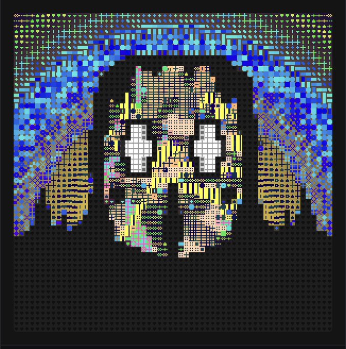 An abstract digital artwork composed of colorful pixelated elements arranged to form the silhouette of a skull or face with headphone-like shapes.