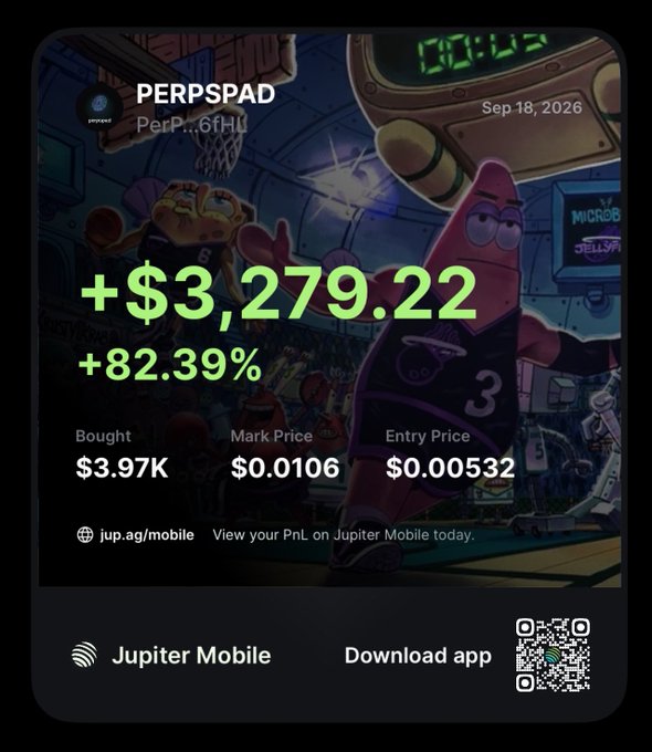 A promotional graphic for Jupiter Mobile showing a token "PERPSPAD" with a profit of "+$3,279.22 (+82.39%)", bought at $3.97K with a mark price of $0.0106 and entry price of $0.00532, dated Sep 18, 2026.