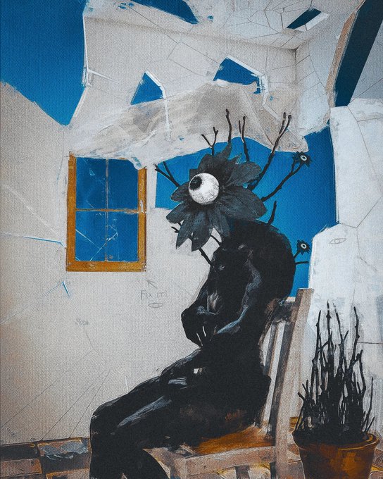 A surreal painting depicts a dark figure with a flower head sitting on a chair in a dilapidated white room with blue accents.