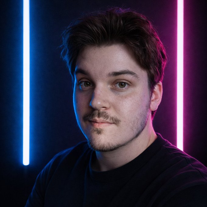 A portrait of a young man with dark hair and a slight beard, wearing a black shirt, photographed against a background of vertical blue and pink neon lights.