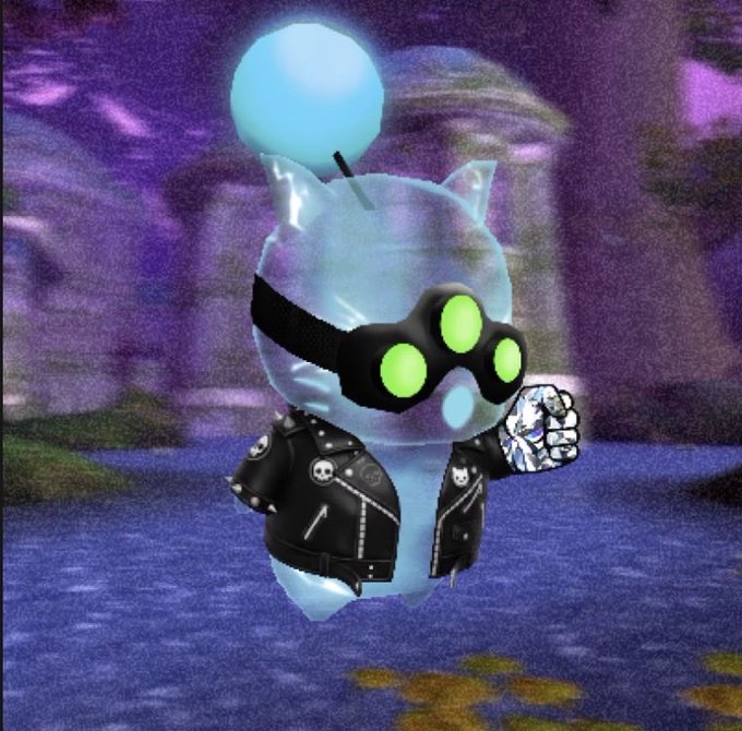 A 3D rendered light blue cat character wearing a spiked black leather jacket and glowing green goggles, standing in a purple, ethereal environment.