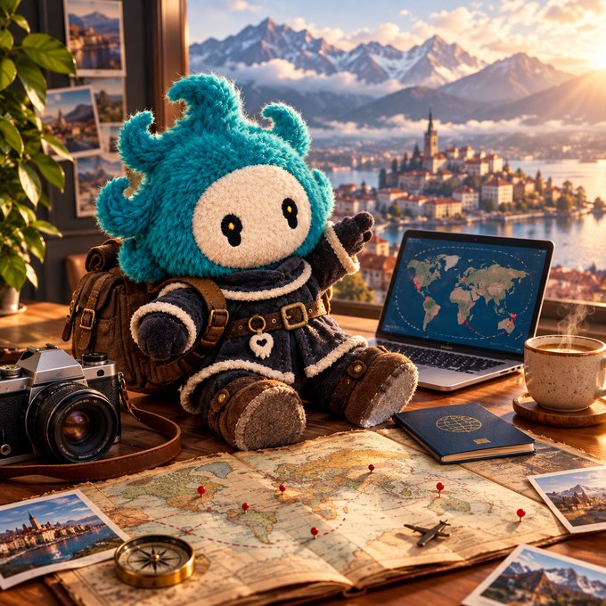A plush axolotl character dressed as a traveler sits on a wooden desk surrounded by travel essentials—a vintage camera, steaming coffee, a laptop displaying a world map, a compass, passport, and a paper map with red pushpin markers—against a scenic mountain and coastal town backdrop. The image perfectly captures the adventurous spirit of the post, bringing to life the promise of sending the "Ghost" plushie on a worldwide journey, complete with all the tools of a seasoned traveler ready to explore new destinations.