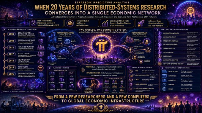An elaborate infographic titled "WHEN 20 YEARS OF DISTRIBUTED-SYSTEMS RESEARCH CONVERGES INTO A SINGLE ECONOMIC NETWORK" outlines Pi Network's roadmap, featuring key dates (2004-2026), research milestones like "PROGRAMMABLE ROLES" and "BLOCKCHAIN," and a central message reading "TWO WORLDS. ONE ECONOMIC SYSTEM," accompanied by the article's caption about Nicolas Kokkalis's strategic research trajectory.
