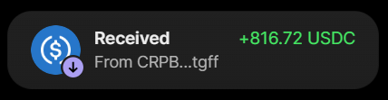 A digital transaction notification showing '+816.72 USDC Received From CRPB...tgff' against a dark background.