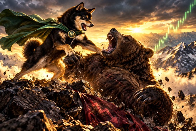 A dramatic digital artwork depicting a heroic dog wearing a green cape (with an 'M' emblem) battling a massive bear on a mountain top at sunset.