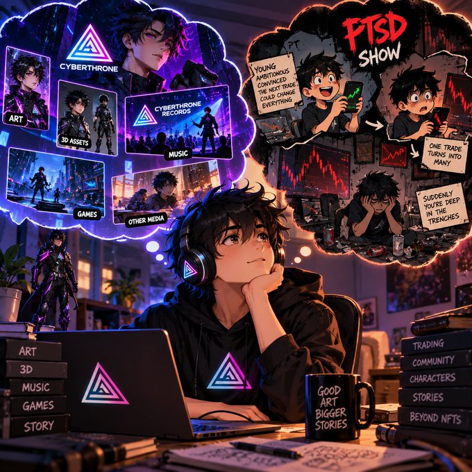 An anime-style illustration of a young man at his desk between two thought bubbles—one showing various media forms (Art, 3D Assets, Music, Games, Other Media) under the "CyberThrone" brand, and the other depicting the stress of trading ("PTSD SHOW," "One trade turns into many," "Suddenly you're deep in the trenches")—with book spines reading "Art, 3D, Music, Games, Story" and "Trading, Community, Characters, Stories, Beyond NFTs," visually reinforcing the post's message about CyberThrone's characters extending beyond static NFT artwork into immersive multimedia experiences.