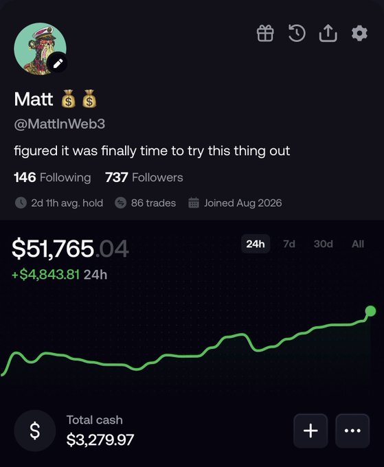 The image shows a crypto trading profile for "Matt (@MattInWeb3)" displaying a portfolio value of $51,765.04 (up $4,843.81 in 24h) with 737 followers, an upward-trending green chart, and $3,279.97 in total cash. The chart's steady climb aligns with the post's message about shifting from active rotation/FOMO trading to holding high-conviction positions for long-term growth.