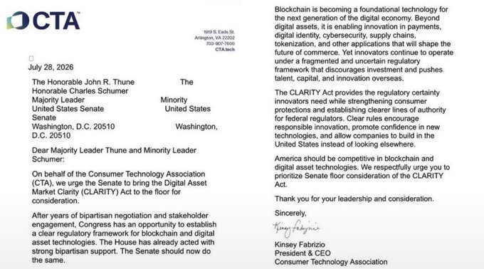 A letter dated July 28, 2026, from the Consumer Technology Association (CTA), signed by President & CEO Kinsey Fabrizio, urging Senate Majority Leader John Thune and Minority Leader Charles Schumer to bring the Digital Asset Market Clarity (CLARITY) Act to the floor for consideration to establish a regulatory framework for blockchain and digital asset technologies.