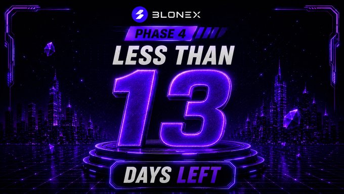 A promotional graphic for BLONEX PHASE 4 displaying 'LESS THAN 13 DAYS LEFT' in glowing purple neon text against a futuristic digital cityscape background.
