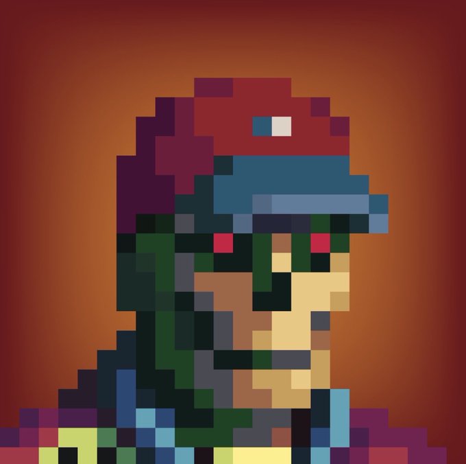 A pixel art portrait of a character wearing a red hat with a blue brim and goggles, featuring green hair and pinkish eyes against an orange gradient background.