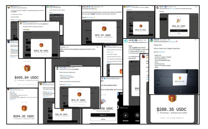A collage of Twitter/X screenshots showing various users claiming free USDC rewards from Coinbase, with displayed amounts including $73.47, $83.24, $251.06, $28.06, $63.29, $294.35, $74.47, $495.84, and $288.35 USDC, illustrating the post's claim that free money is available through the promotion.